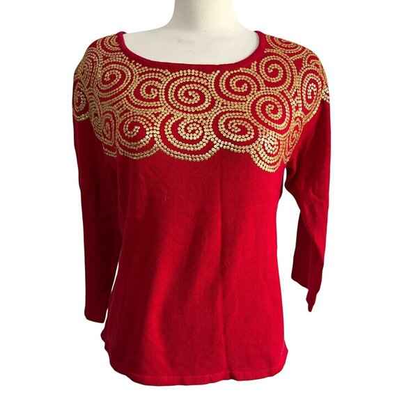 Vintage Linea by Louis Dell'Olio Red & Gold Sequin Sweater Sz Large Womens - Picture 1 of 9